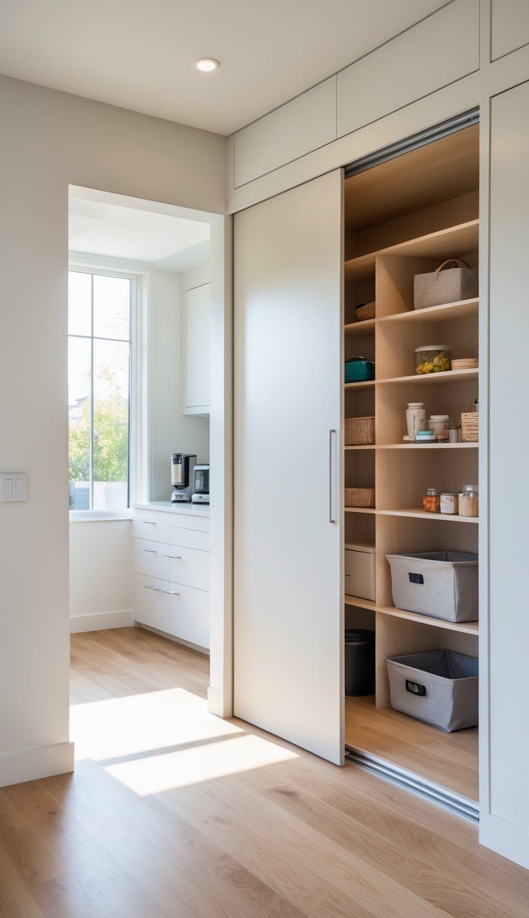 A modern home interior with sliding doors opening to reveal organized concealed storage shelves.