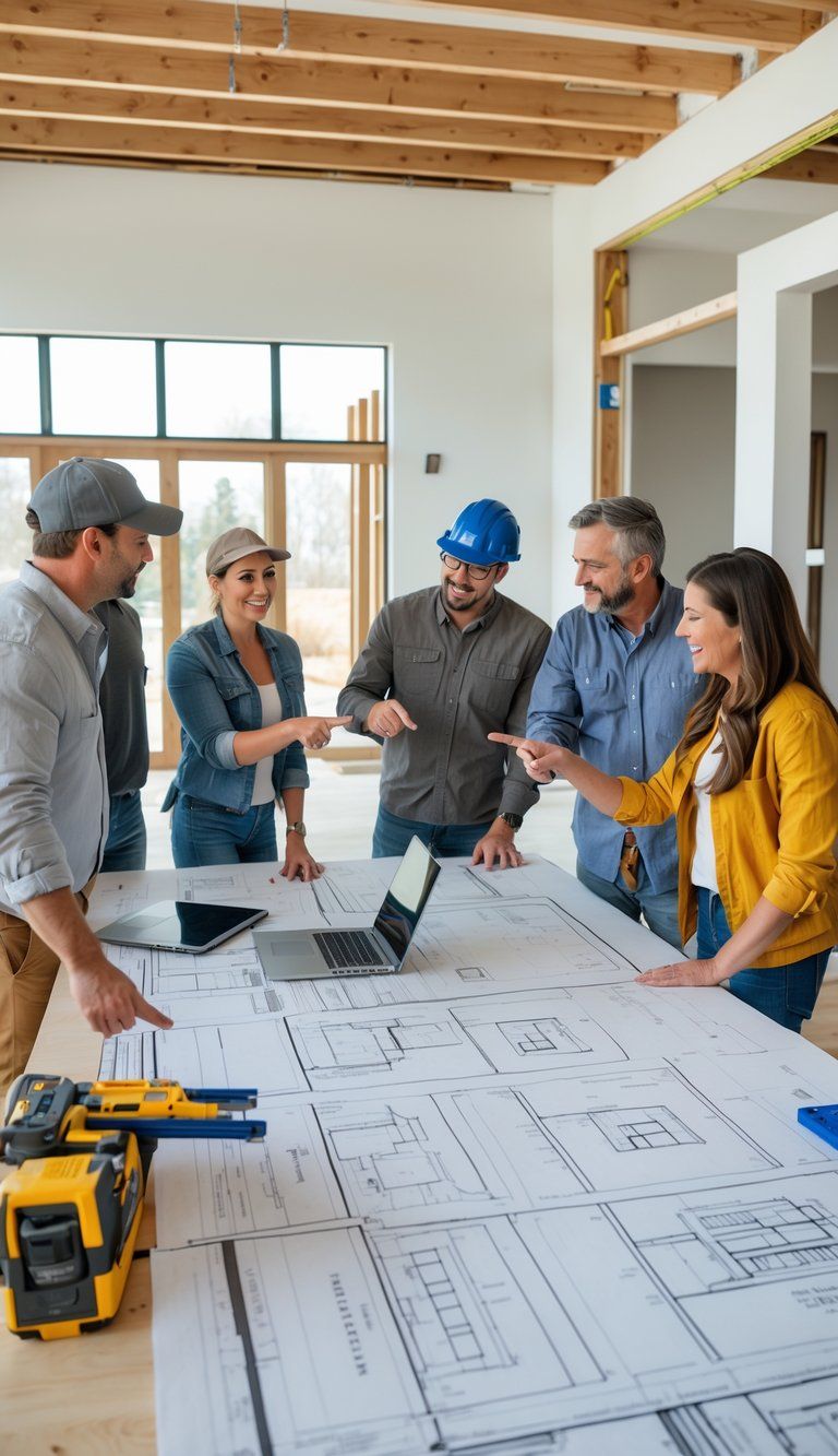 A group of people reviewing renovation plans around a table in a partially renovated home.