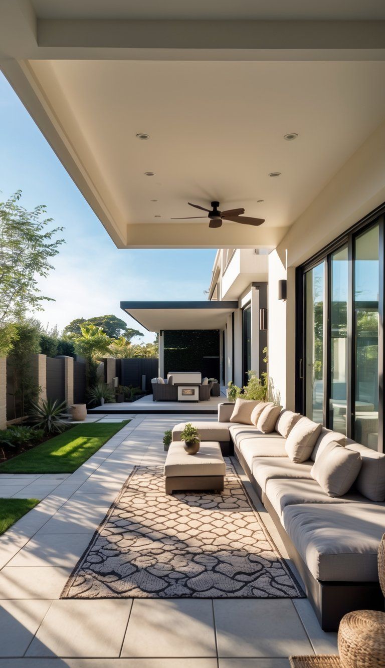 A modern patio connected to a house with outdoor furniture, plants, and glass doors opening to the interior.