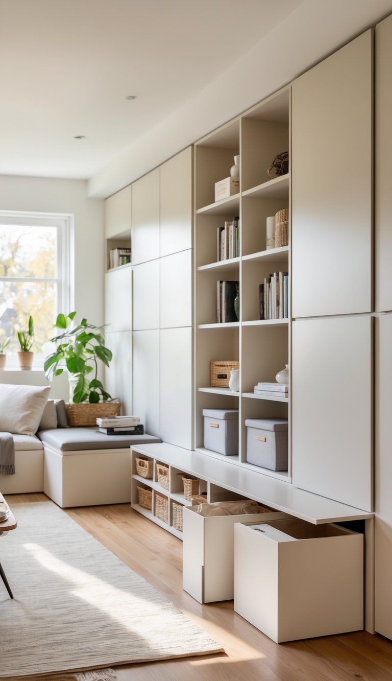 A modern living room with smart storage solutions including shelves, cabinets, and storage bench, neatly organized and well-lit.