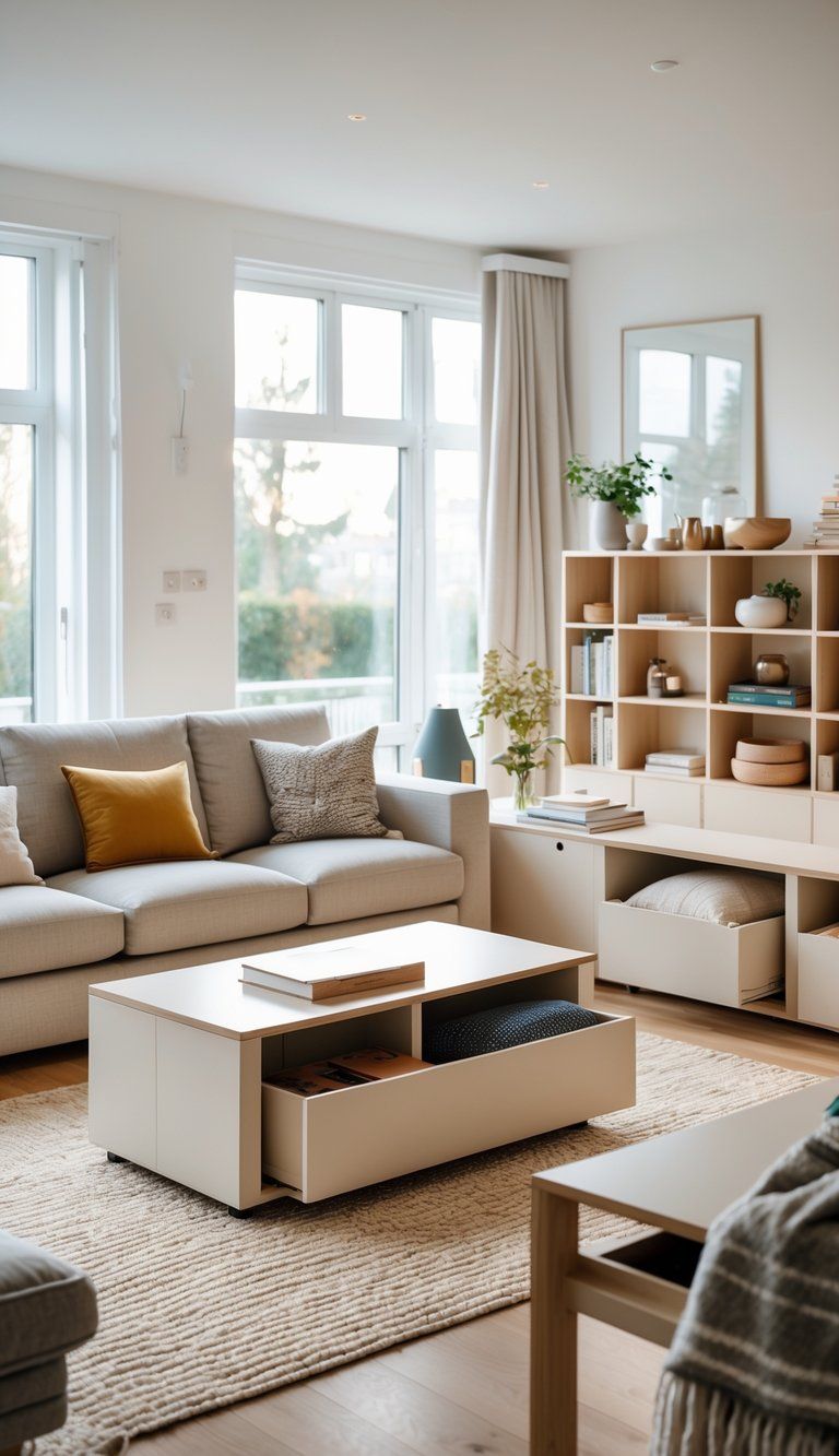 A modern living room with furniture that has built-in storage, including a sofa with compartments, a coffee table with storage, and a bookshelf with drawers.
