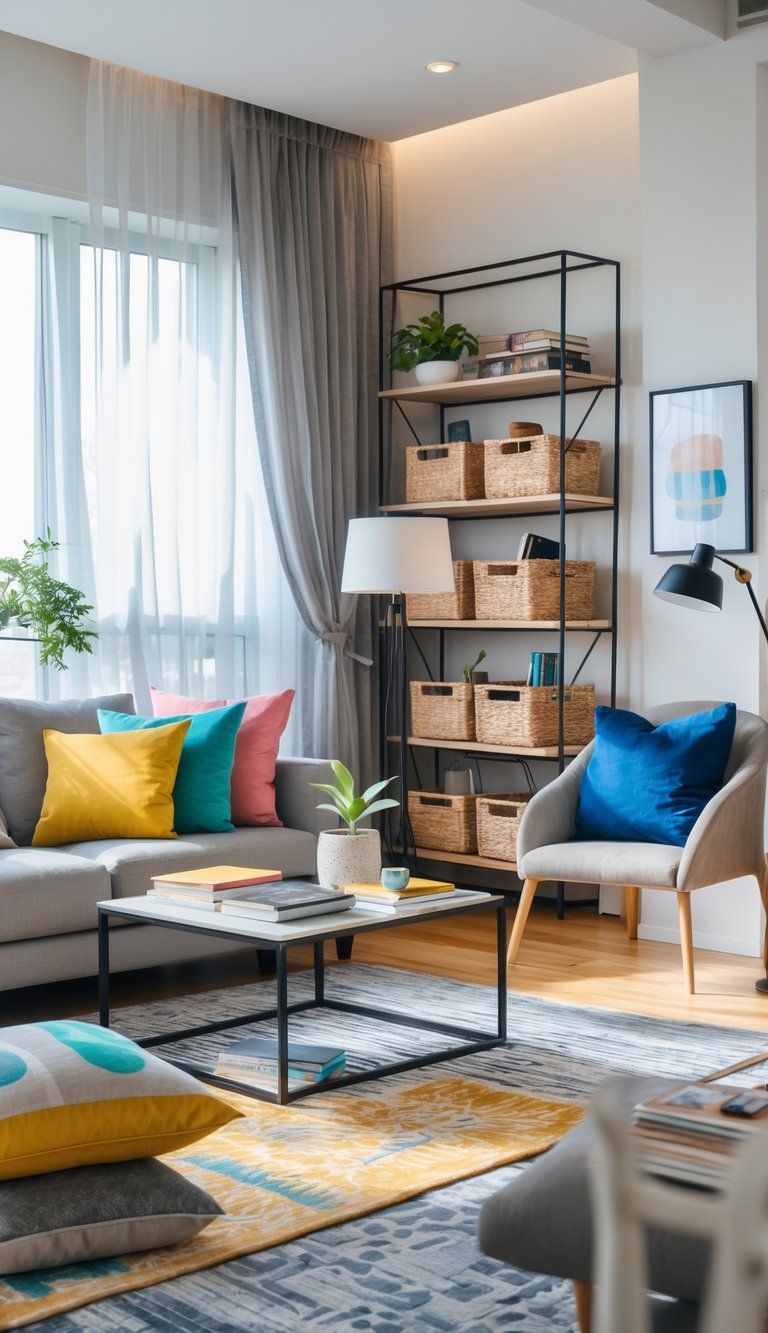 A bright living room with a sofa, coffee table, shelves, and a reading nook by large windows filled with natural light.