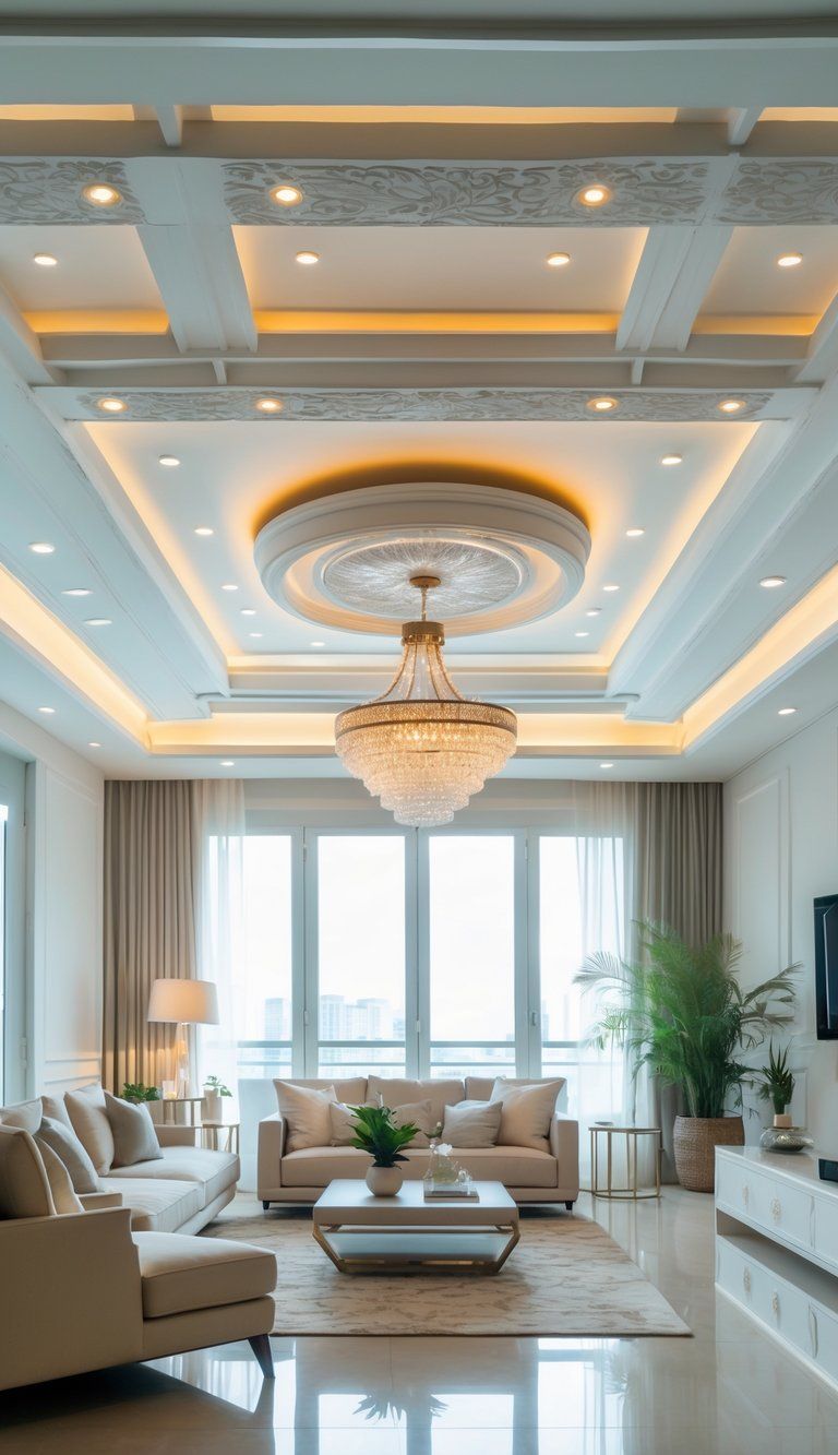 A modern living room with a detailed ceiling featuring molding, recessed lighting, and a central chandelier, with sofas and natural light from large windows.