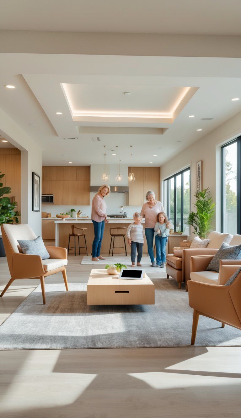 A modern living room and kitchen designed for easy mobility and safety, with a multi-generational family interacting comfortably.