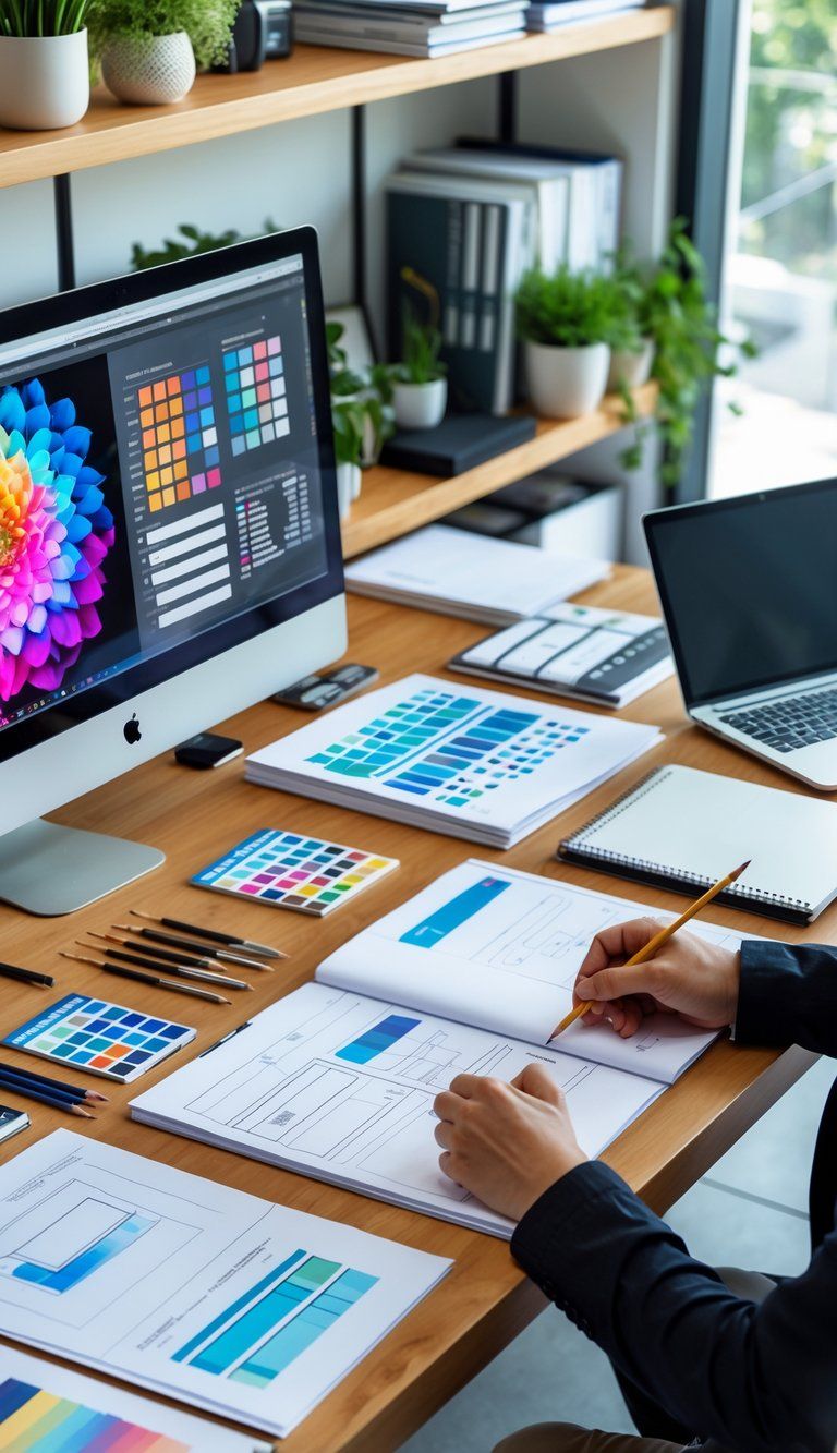 A modern workspace with a computer, sketches, and creative tools on a desk, showing someone working with both artistic and technical materials.