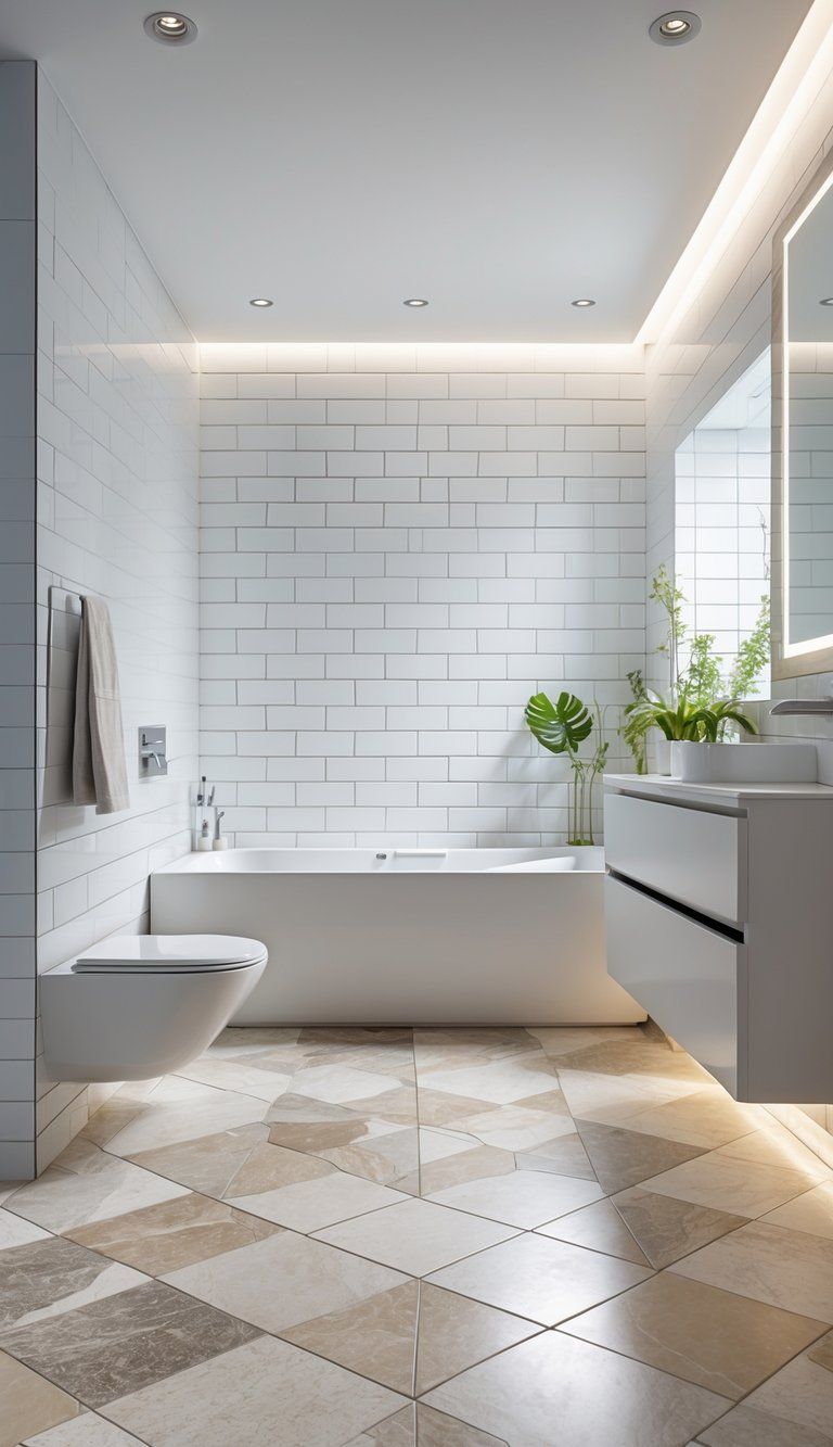 A modern bathroom with white subway wall tiles and patterned floor tiles, featuring a bathtub and a vanity with plants.
