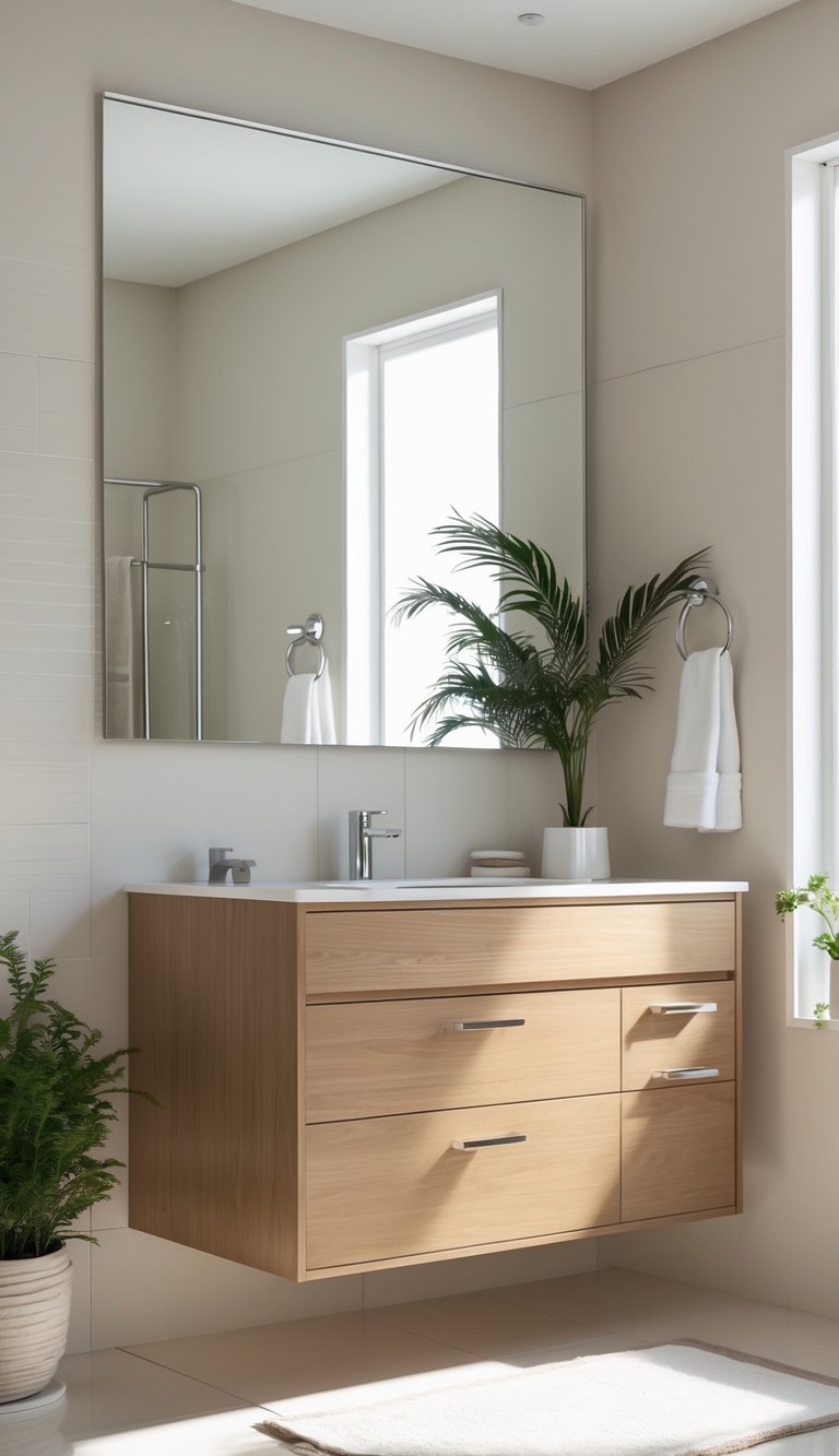 A clean and organized bathroom vanity with a sink, mirror, towels, and a small plant in a well-lit bathroom.