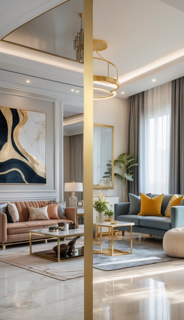 A side-by-side comparison of two living rooms, one with luxurious furniture and decor, the other with affordable and simple furnishings.