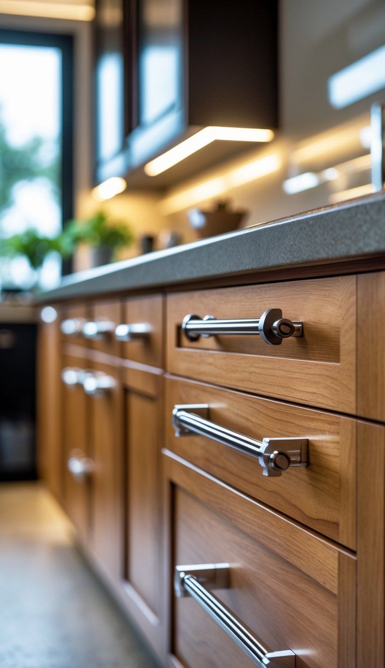 Close-up of kitchen cabinets with modern metal handles and knobs in a well-lit kitchen setting.