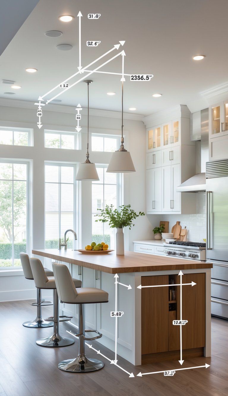 A modern kitchen with a large kitchen island in the center, surrounded by stools and kitchen appliances in the background.
