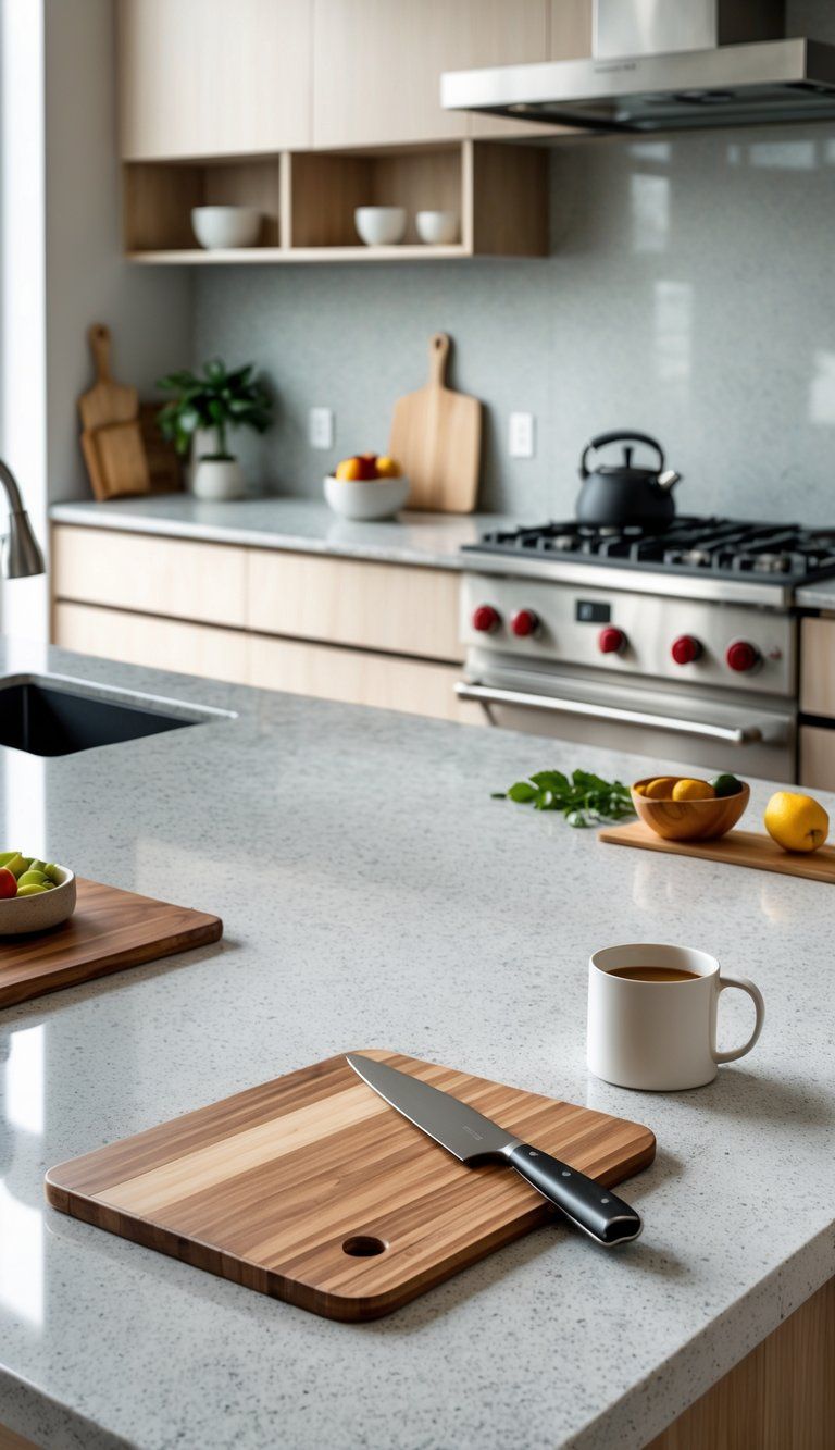 A modern kitchen countertop with different materials and kitchen tools arranged neatly, showing practical use and variety.