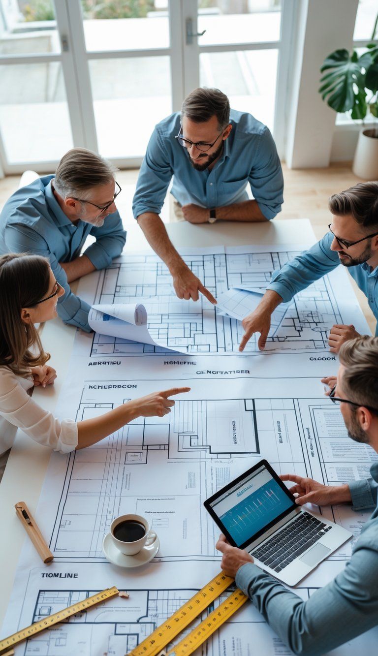 Three people discussing home renovation plans around a table with blueprints and a laptop in a bright office.