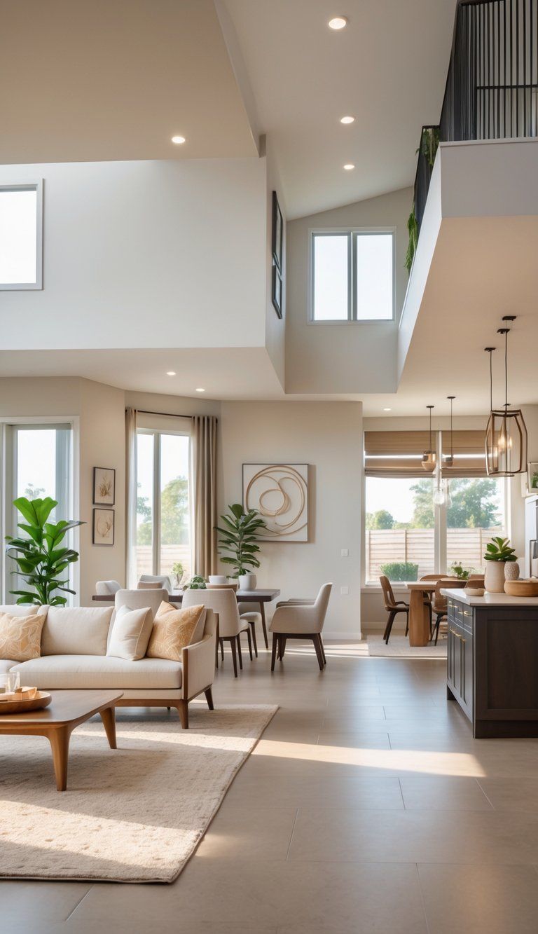 Open living space showing connected living room, dining area, and kitchen with matching colors and furniture creating a unified home interior.