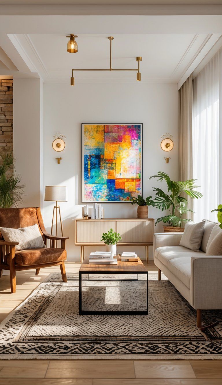A bright living room with a mix of rustic and modern furniture, colorful artwork, and natural light coming through large windows.