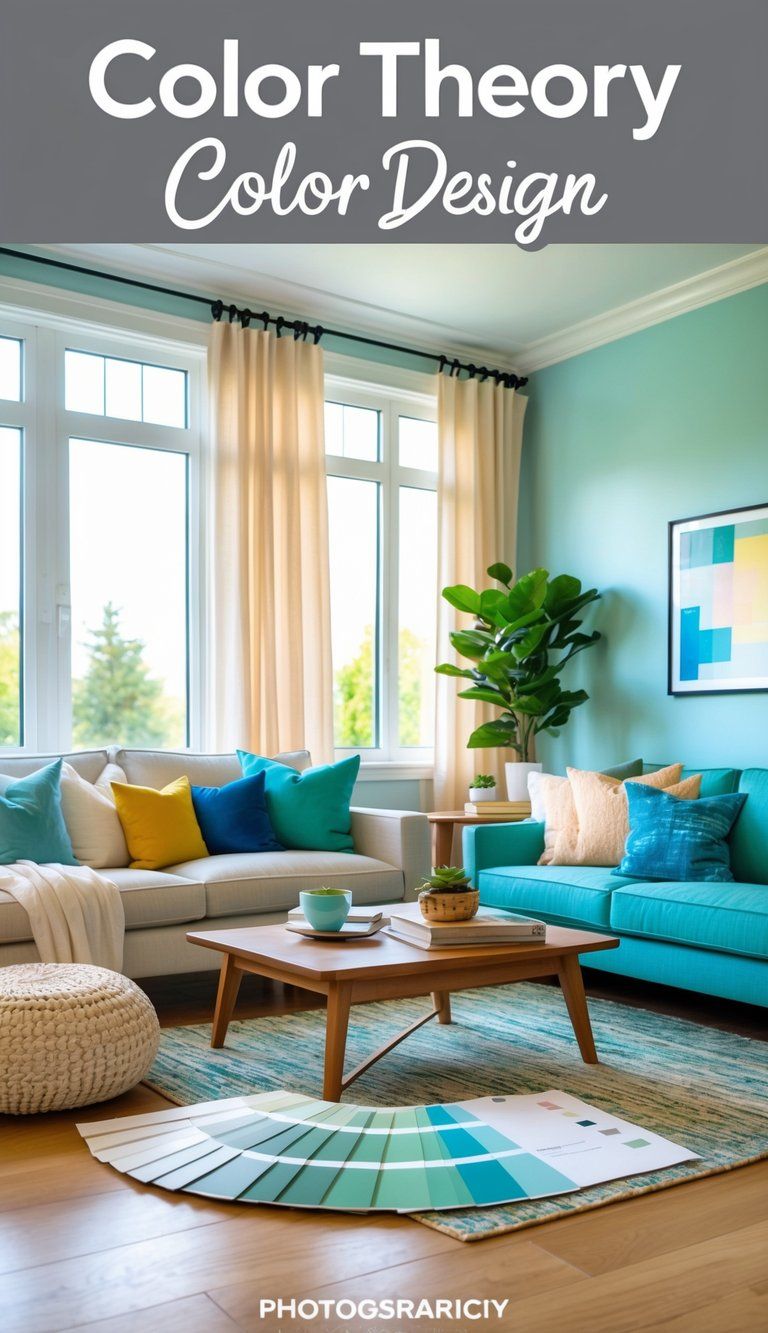 A modern living room with pastel walls, colorful furniture, and color samples on a coffee table near a color wheel.
