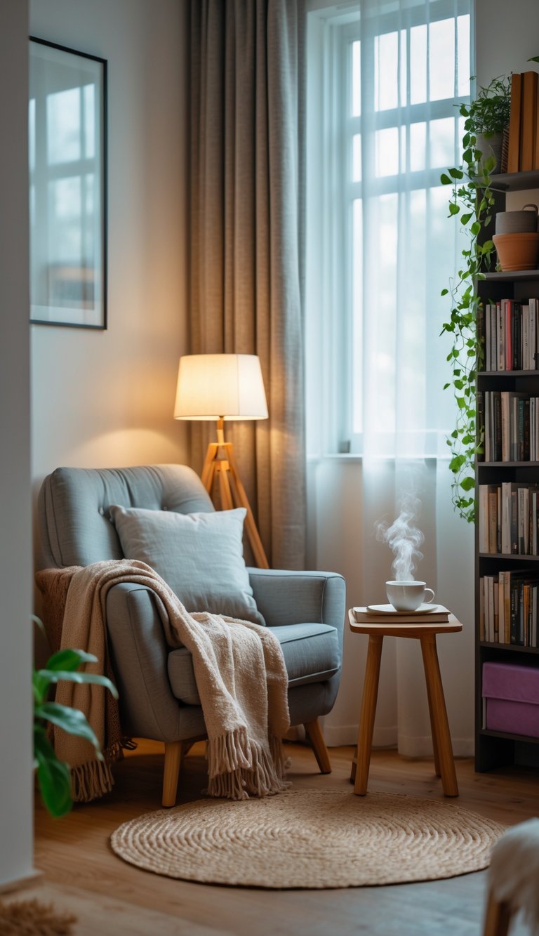 A cozy reading nook with a comfortable armchair, side table with books and a cup of tea, soft natural light from a window, bookshelves, a potted plant, and warm lighting.