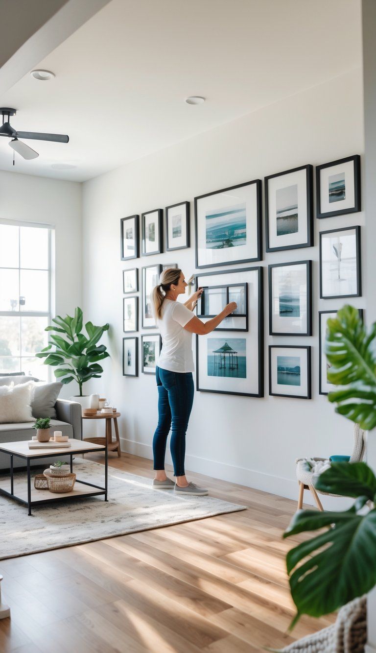 Person arranging framed pictures on a wall in a bright living room with modern furniture and plants.