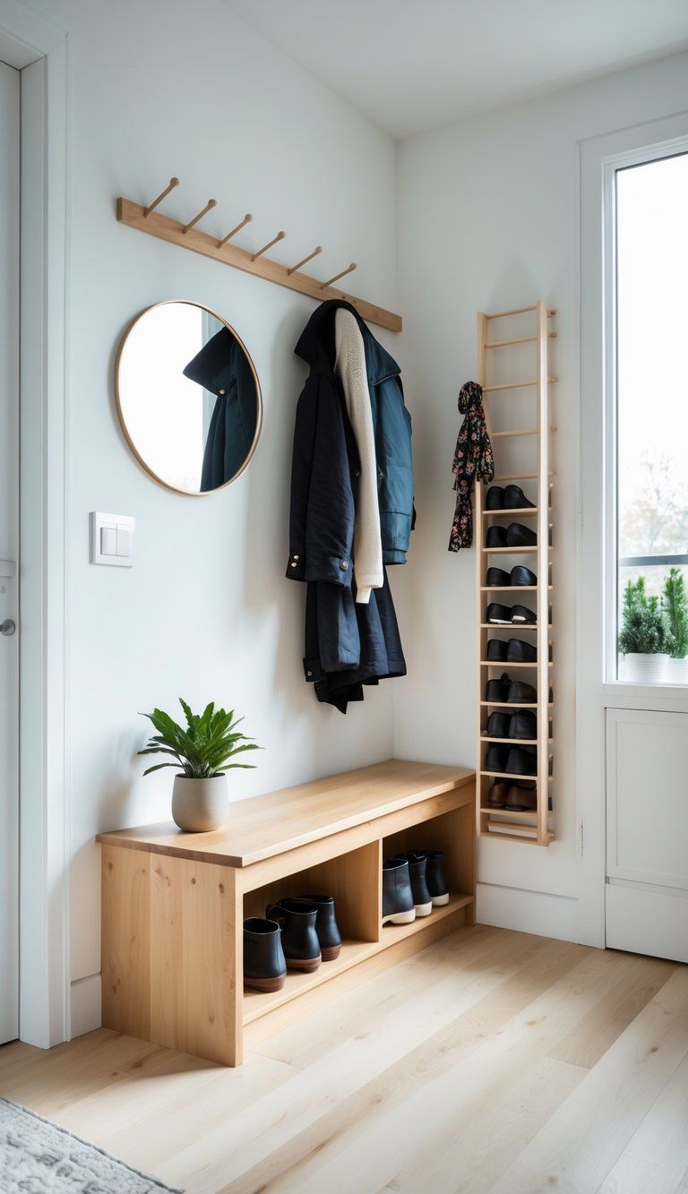 A small, organized entryway with a wooden bench, coat rack with jackets, shoe rack, a potted plant, and a round mirror on the wall.