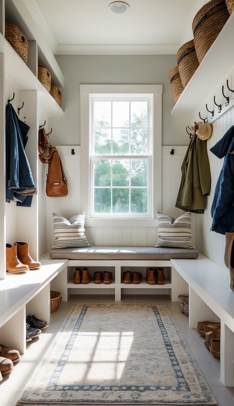 A small, well-organized mudroom with shelves, hooks holding coats and bags, a bench with cushions, and shoes neatly stored.