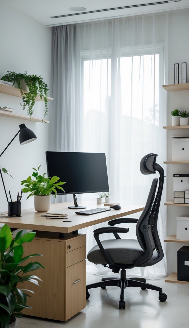 A tidy home office with a desk, computer, chair, plants, and shelves near a window.
