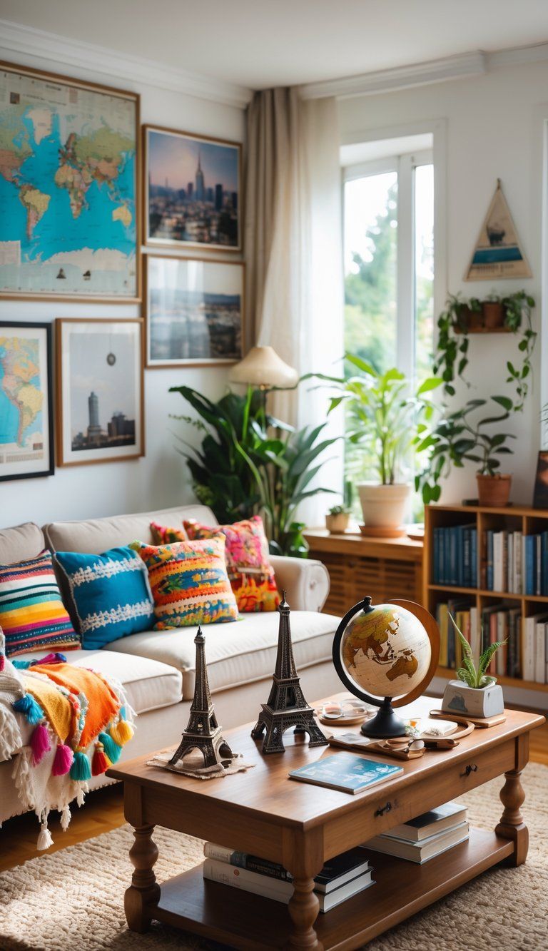 A cozy living room decorated with travel souvenirs, framed photos, maps, and plants, creating a warm and inviting space.