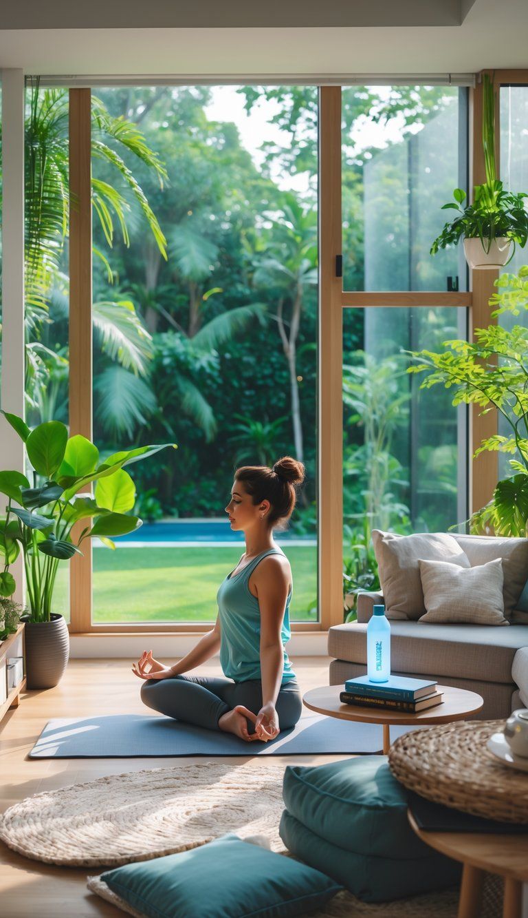 A person practicing yoga in a bright living room with large windows, indoor plants, and calming decor that promotes wellness.