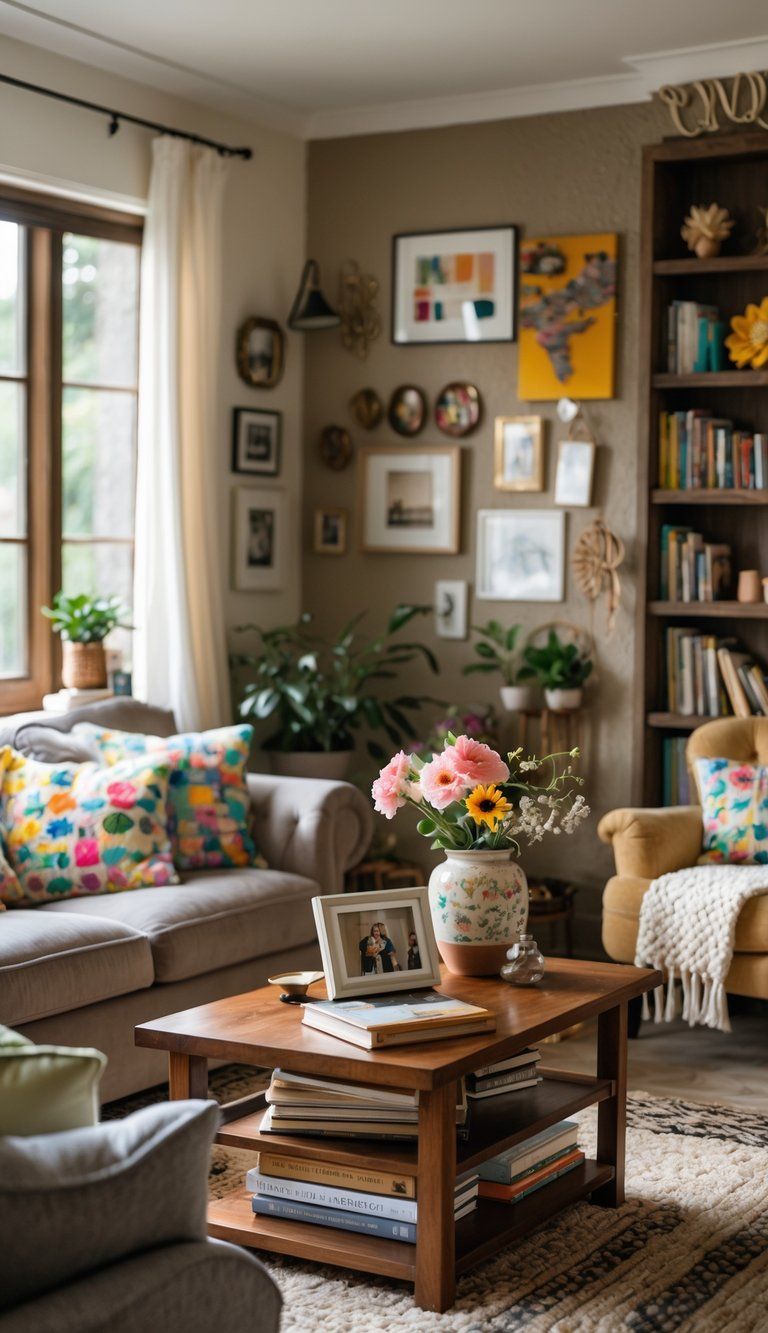 A cozy living room with a sofa, coffee table with family photos and books, artwork on the walls, and natural light coming through large windows.