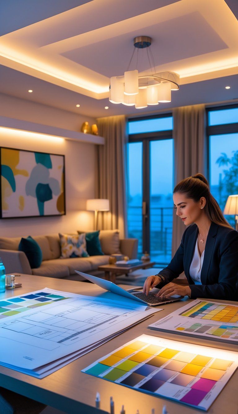 A person at a desk reviewing lighting plans in a modern room illuminated by multiple types of lighting fixtures including ceiling lights, pendant lights, and lamps.