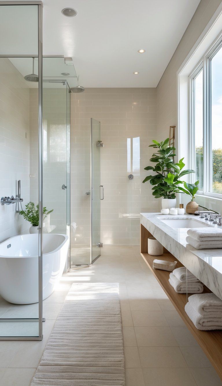 A bright bathroom with a walk-in shower, freestanding bathtub, marble vanity, and simple decorative items.