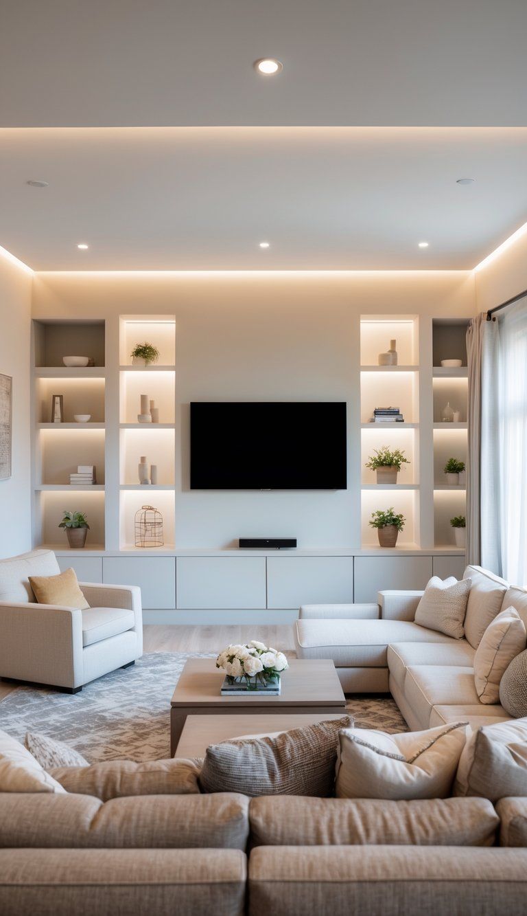 A modern living room with a wall-mounted TV, comfortable sofa, built-in shelves, and natural light from large windows.