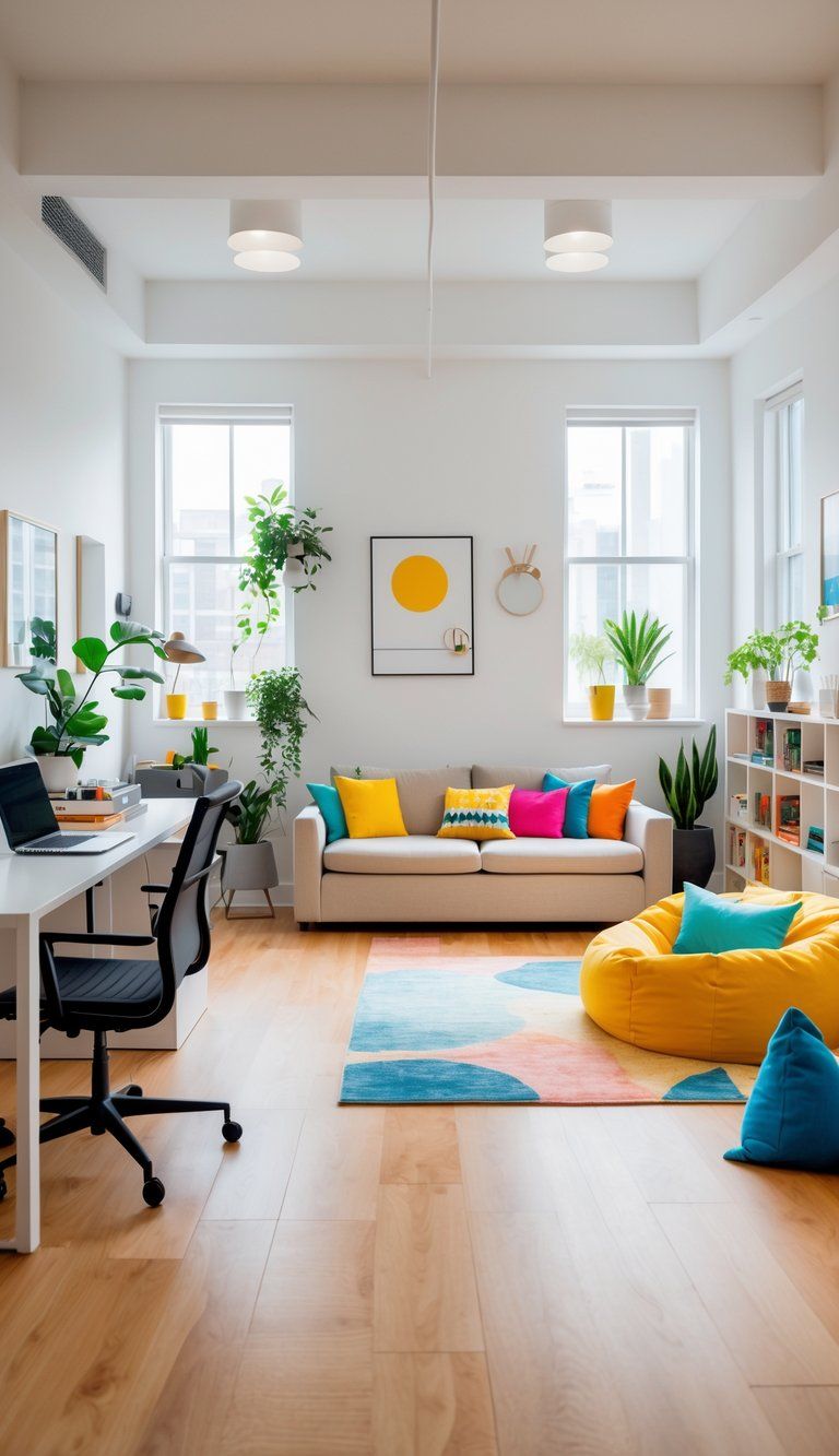 A modern room with a workspace, a cozy seating area, and a play corner with games and a bean bag chair.