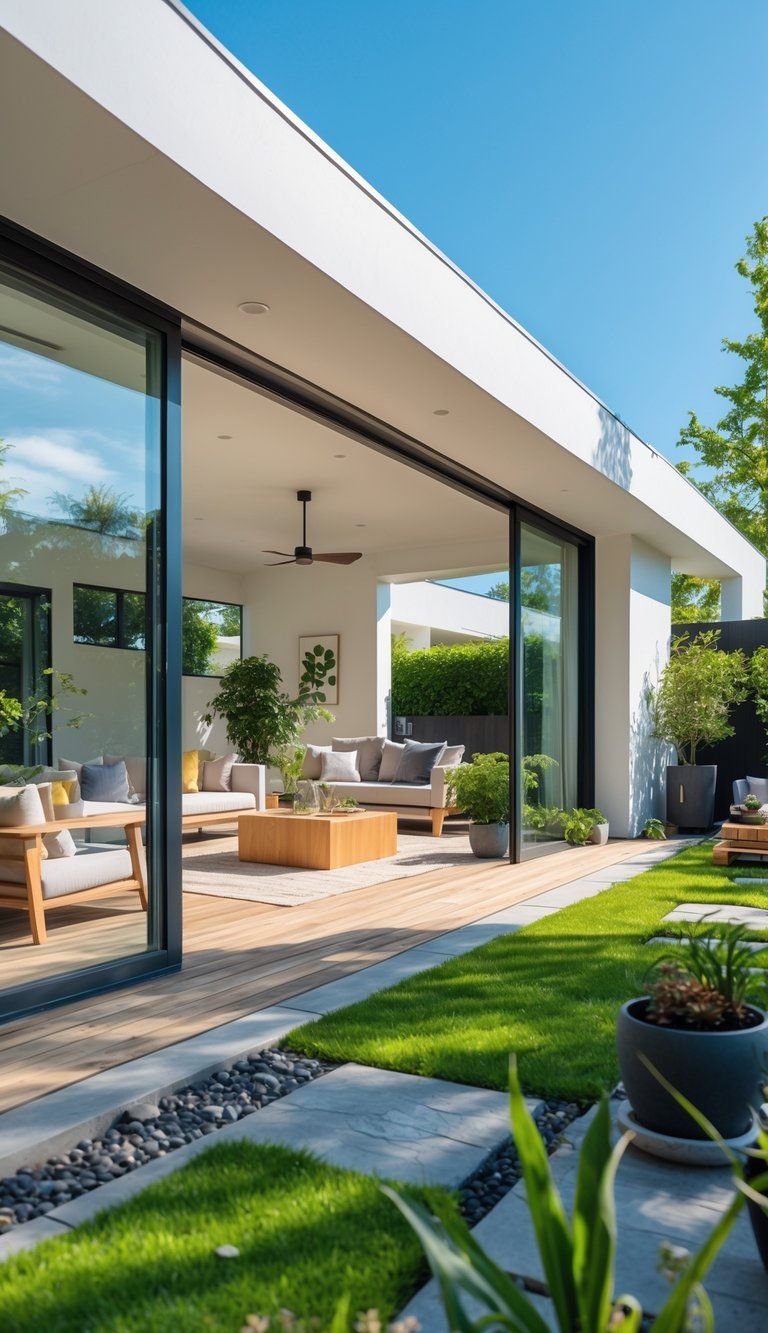 A bright living room with large open glass doors leading to a green garden patio with seating and plants.