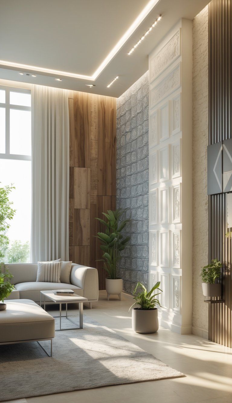 A modern living room featuring various textured wall treatments including wood paneling, geometric wallpaper, and decorative molding, with natural light illuminating the space.