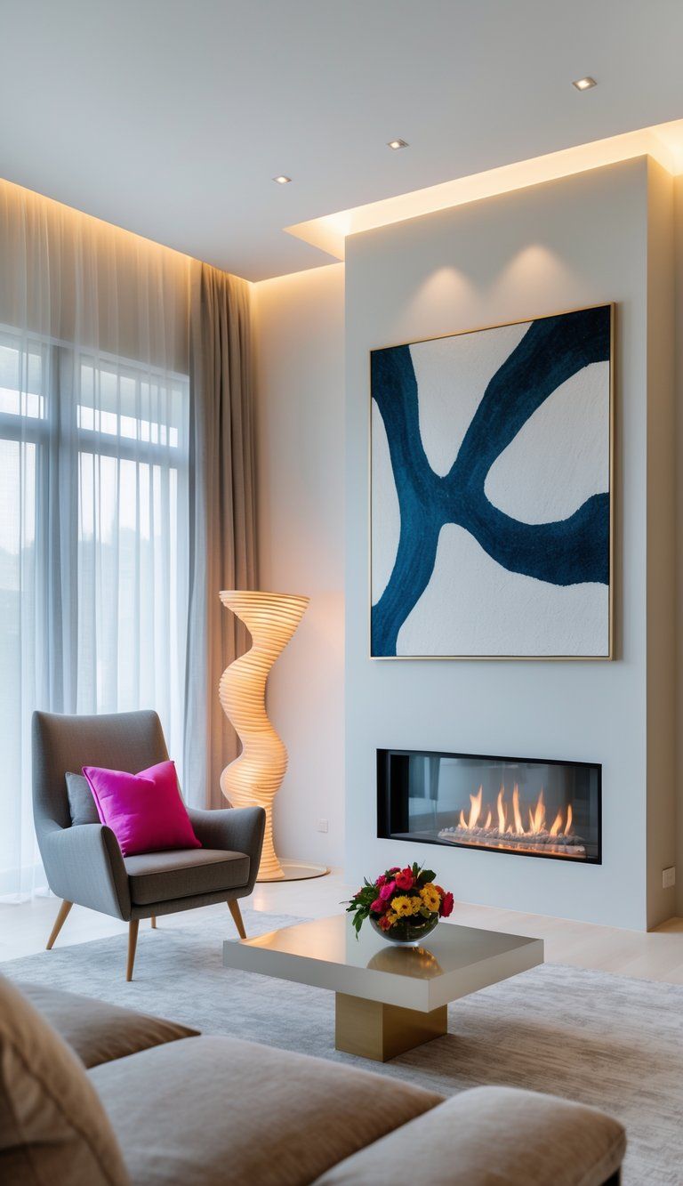 A modern living room with neutral walls featuring a large abstract painting above a fireplace, a colorful armchair with a throw pillow, and a sculptural floor lamp creating a focal point.