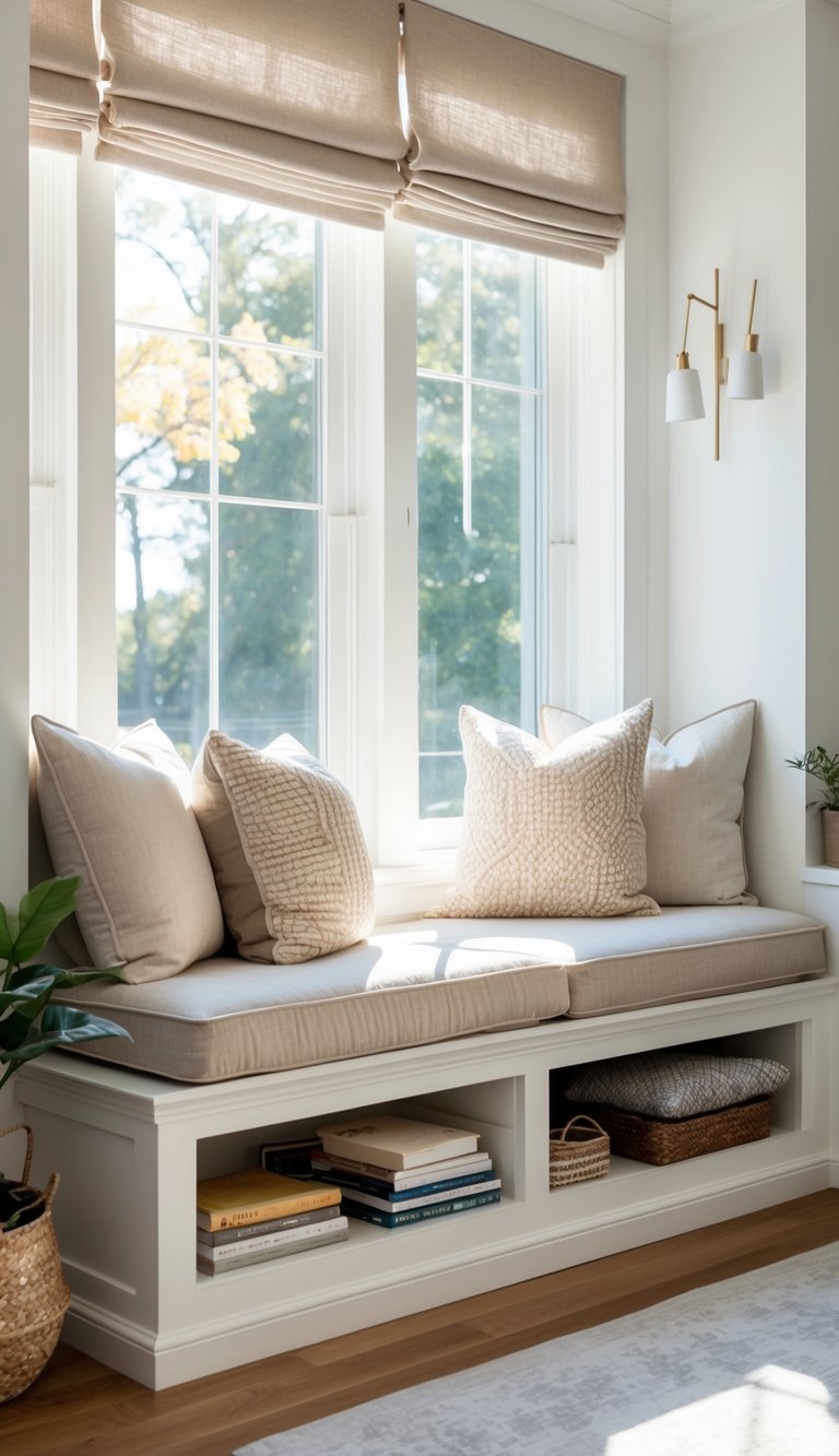 A window seat with cushions and open storage compartments beneath, filled with books and blankets, in a bright living room.