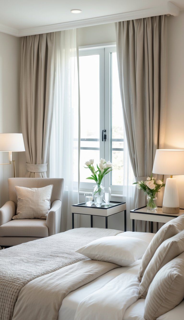 A comfortable guest room with a made bed, bedside table with lamp, armchair, fresh flowers, and natural light coming through a window.