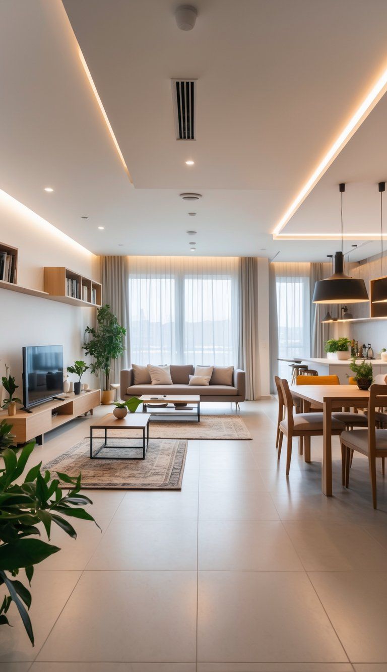 A spacious open living area with a sofa and coffee table next to a dining table and chairs, separated by furniture and decor without any walls.