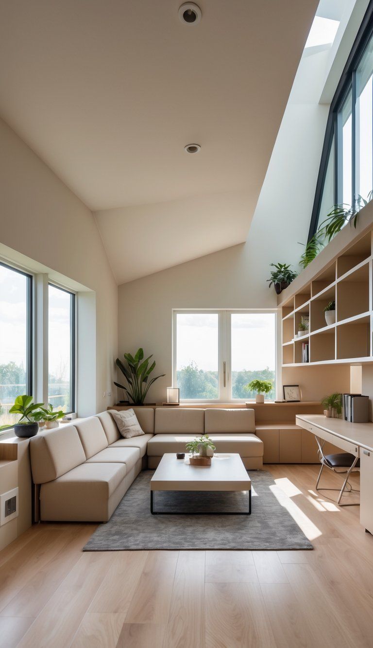A modern living room with an irregular shape featuring well-arranged furniture and built-in shelves that make the most of the space.