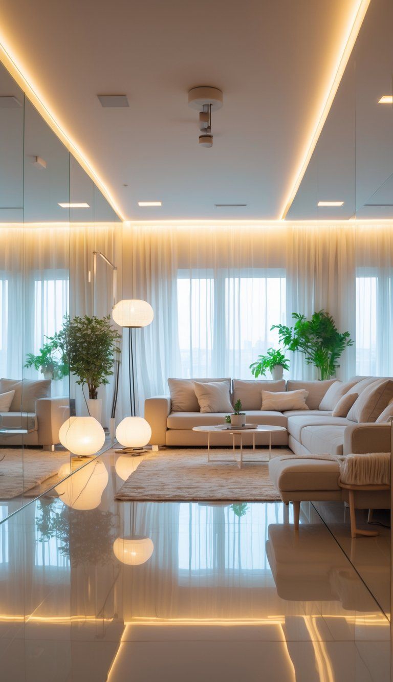 A modern living room with large windows, bright artificial lighting, light-colored furniture, and indoor plants.