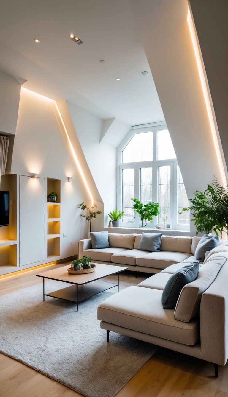 A modern living room with angled walls and irregular layout, furnished with a sectional sofa, coffee table, and plants, illuminated by natural light from large windows.