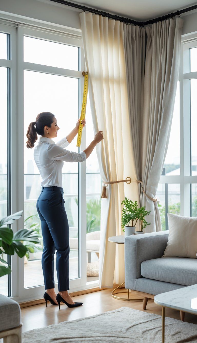 A person adjusting curtains on a large window in a bright living room with modern furniture.