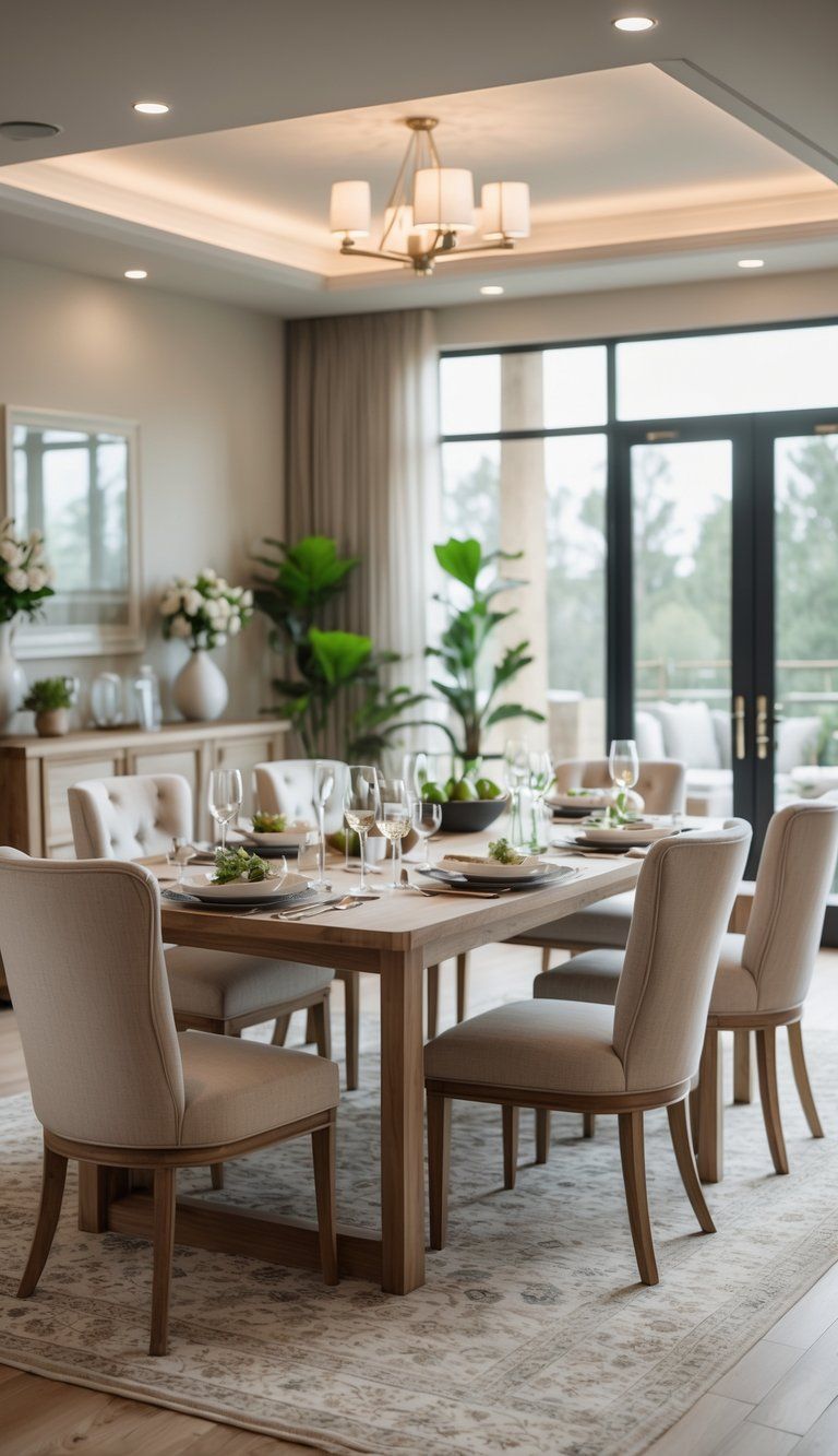 A dining room with a large wooden table set for a meal, surrounded by upholstered chairs, with natural light coming through a window and decorative plants in the background.