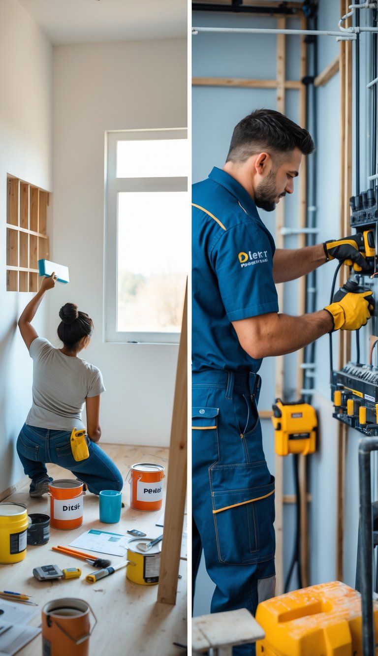 A split scene showing a person doing a DIY home improvement project on one side and a professional worker performing a specialized service on the other side.