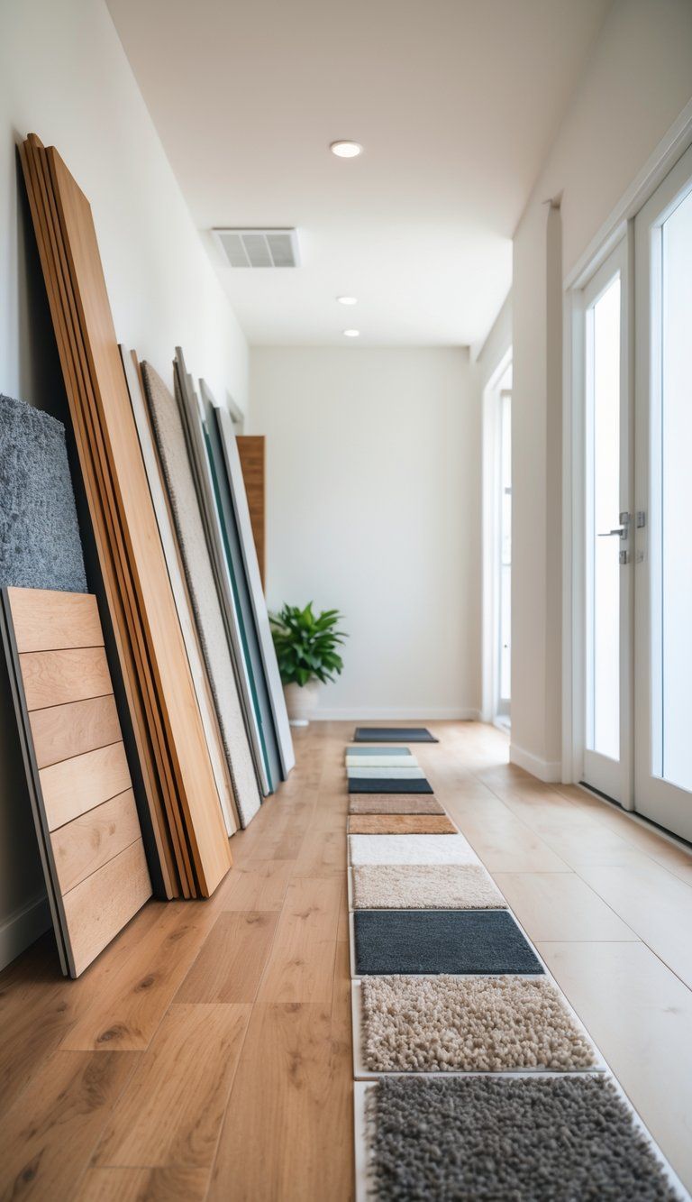 A bright interior showing different flooring materials like hardwood, tile, carpet, laminate, and vinyl arranged to represent various rooms.
