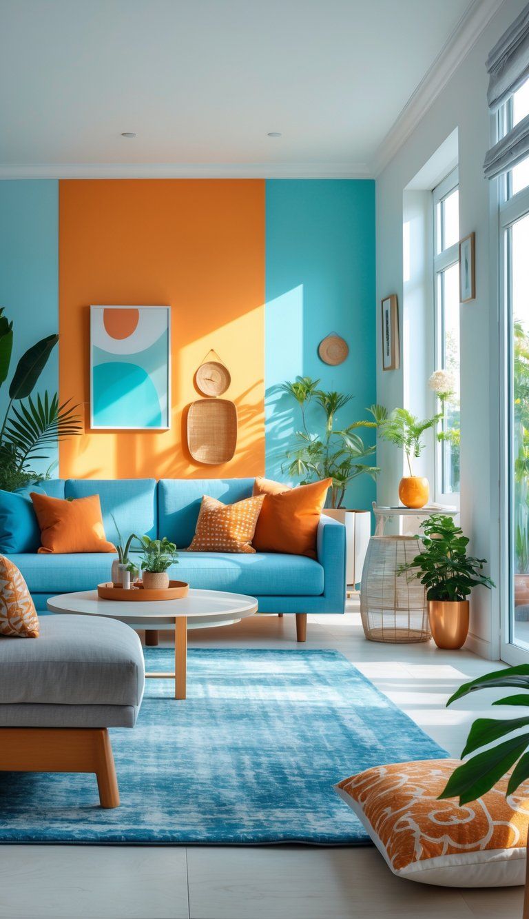 A bright living room with colorful furniture, plants, and natural light creating an inviting atmosphere.