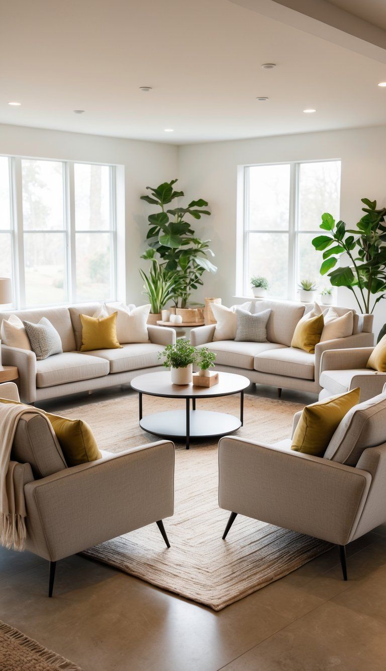 A living room with sofas and chairs arranged in a circle around a coffee table, designed to encourage conversation.