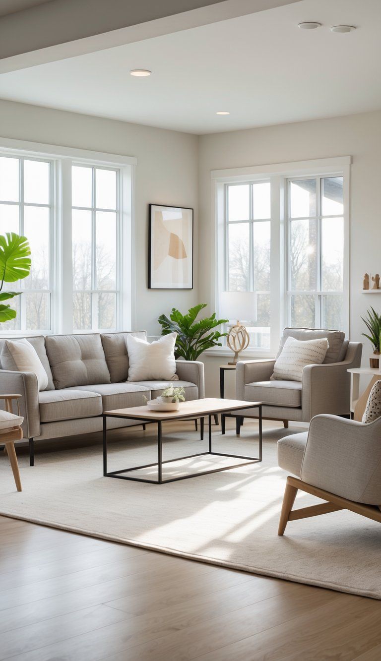 A modern living room with a sofa, coffee table, and armchair arranged to show balanced furniture size and space.