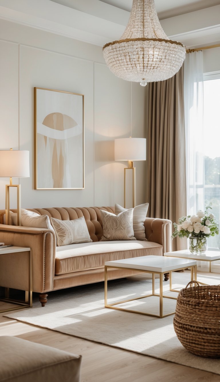 A modern living room with a mix of luxurious and simple furniture and decor, showing a balance between expensive and budget-friendly design elements.