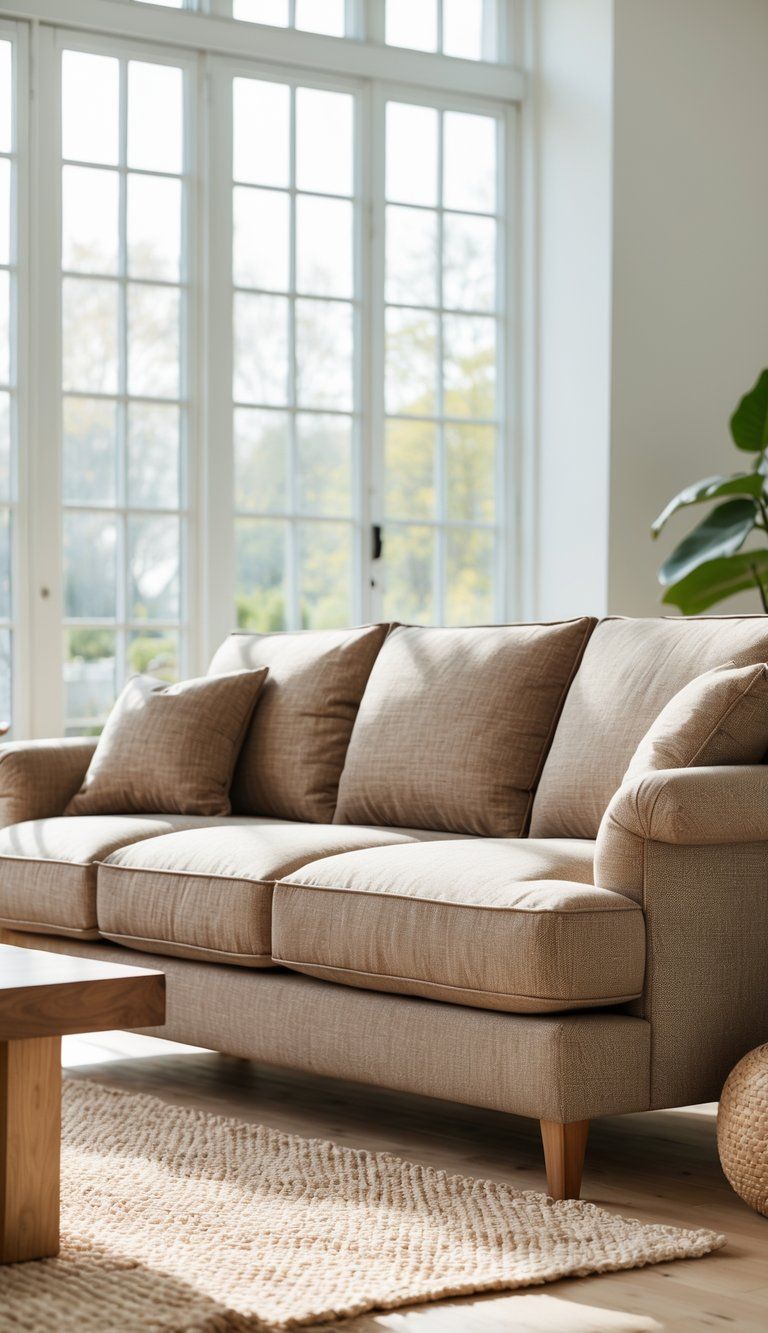 A durable and comfortable sofa in a bright living room with wooden furniture and natural light.