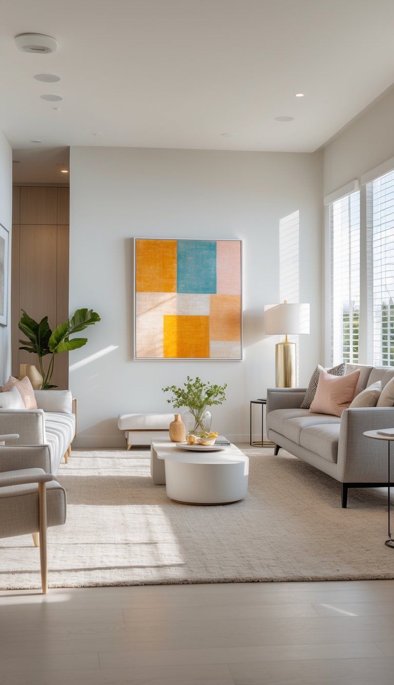 A modern living room with a sofa and coffee table featuring a piece of art on the wall that complements the room's decor.